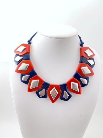 1970s Yves Saint Laurent Red Blue and Silver Geometric Necklace