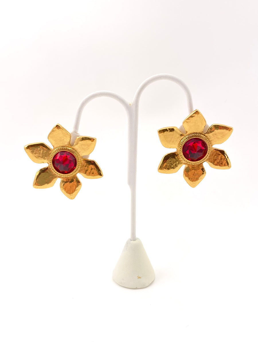 1980s Yves Saint Laurent Flower Earrings with Red Centers