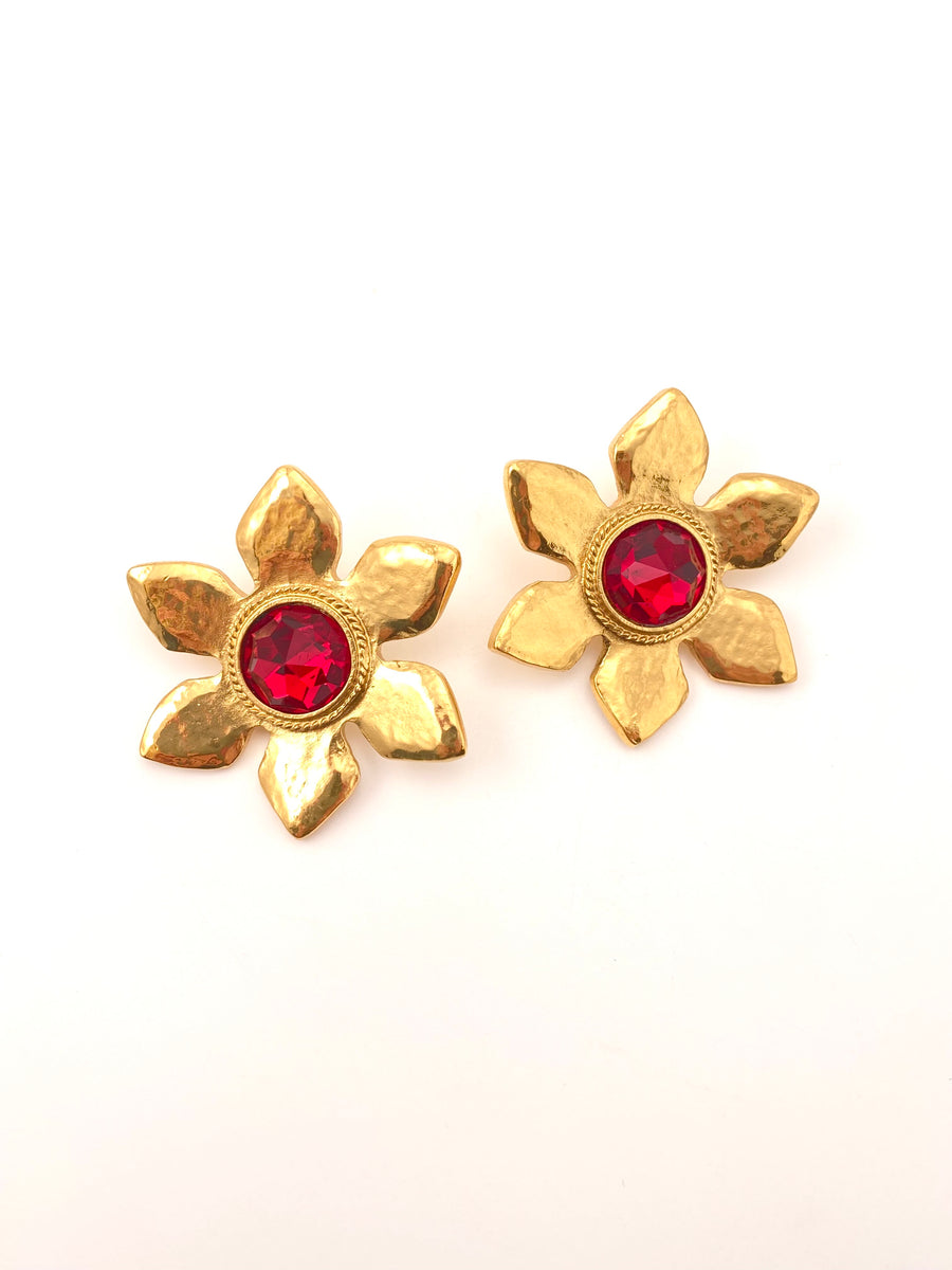 1980s Yves Saint Laurent Flower Earrings with Red Centers