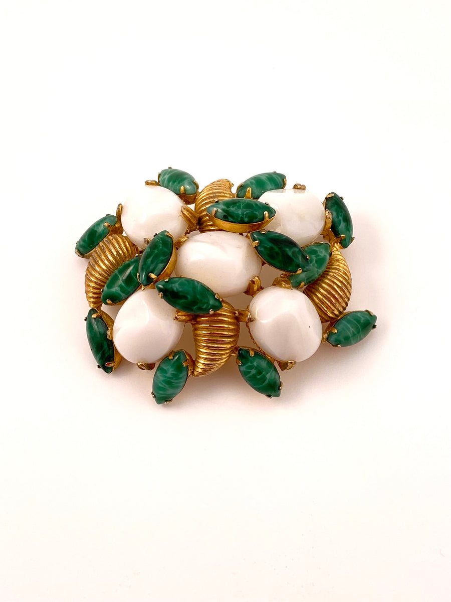 Large 1960s Mimi di N Green and White Cabochon Brooch
