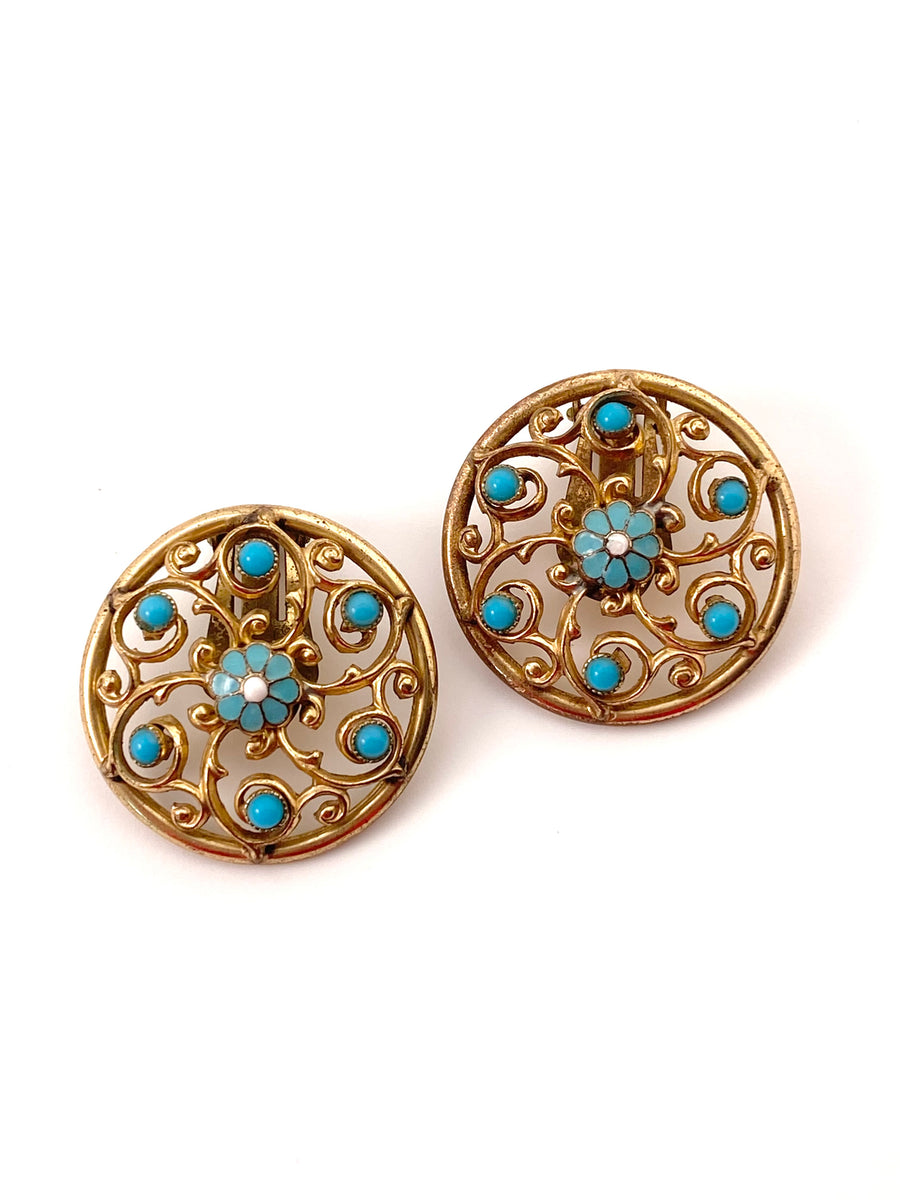 1950s Gold and Turquoise Clip Earrings Bergere