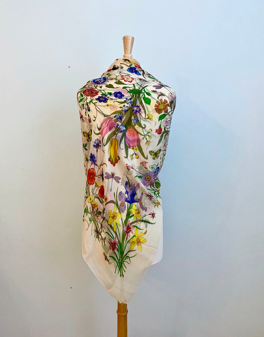 Large Vintage Silk Chiffon Gucci Flora Scarf
