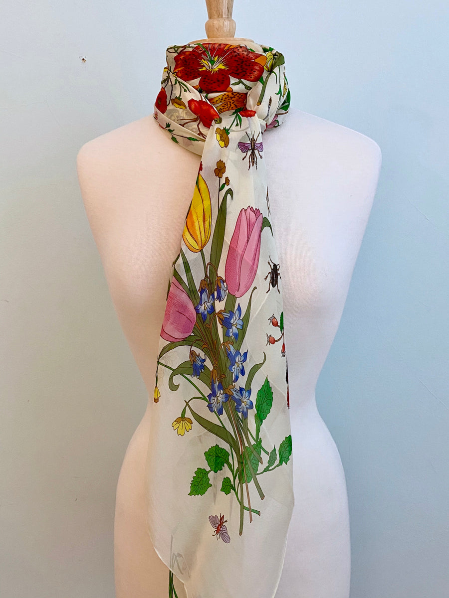 Large Vintage Silk Chiffon Gucci Flora Scarf