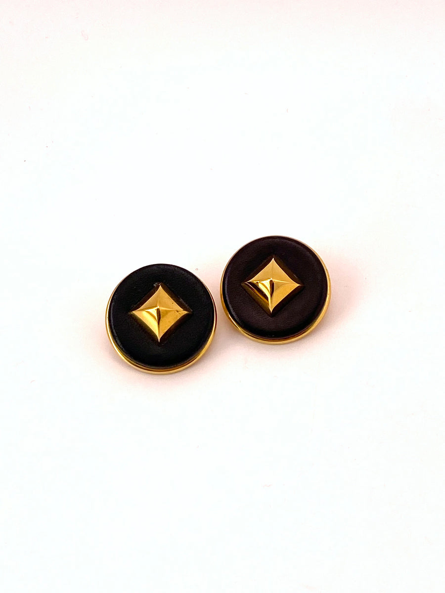 Hermès Medor Black Leather Pyramid Stud Earrings