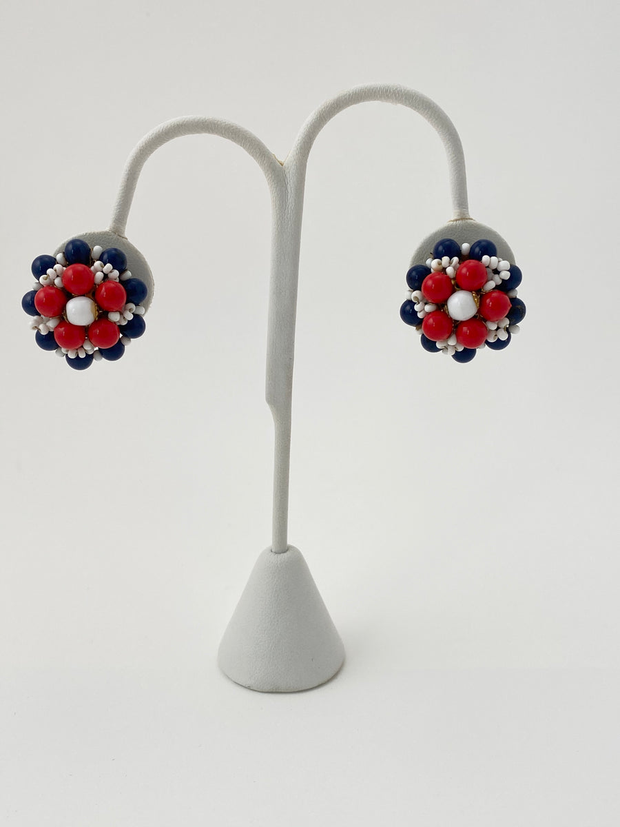 1960s Miriam Haskell Red, White and Blue Beaded Earrings