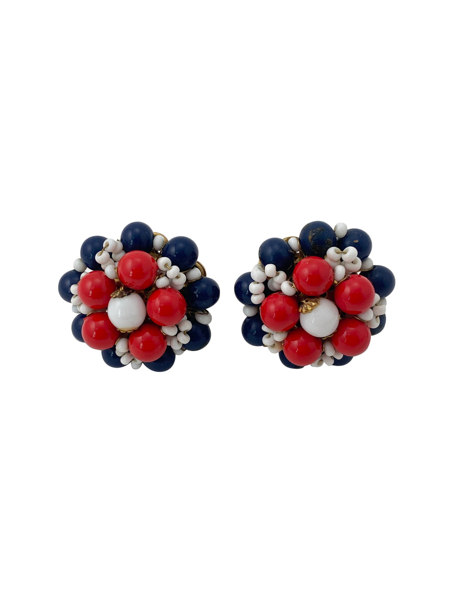 1960s Miriam Haskell Red, White and Blue Beaded Earrings