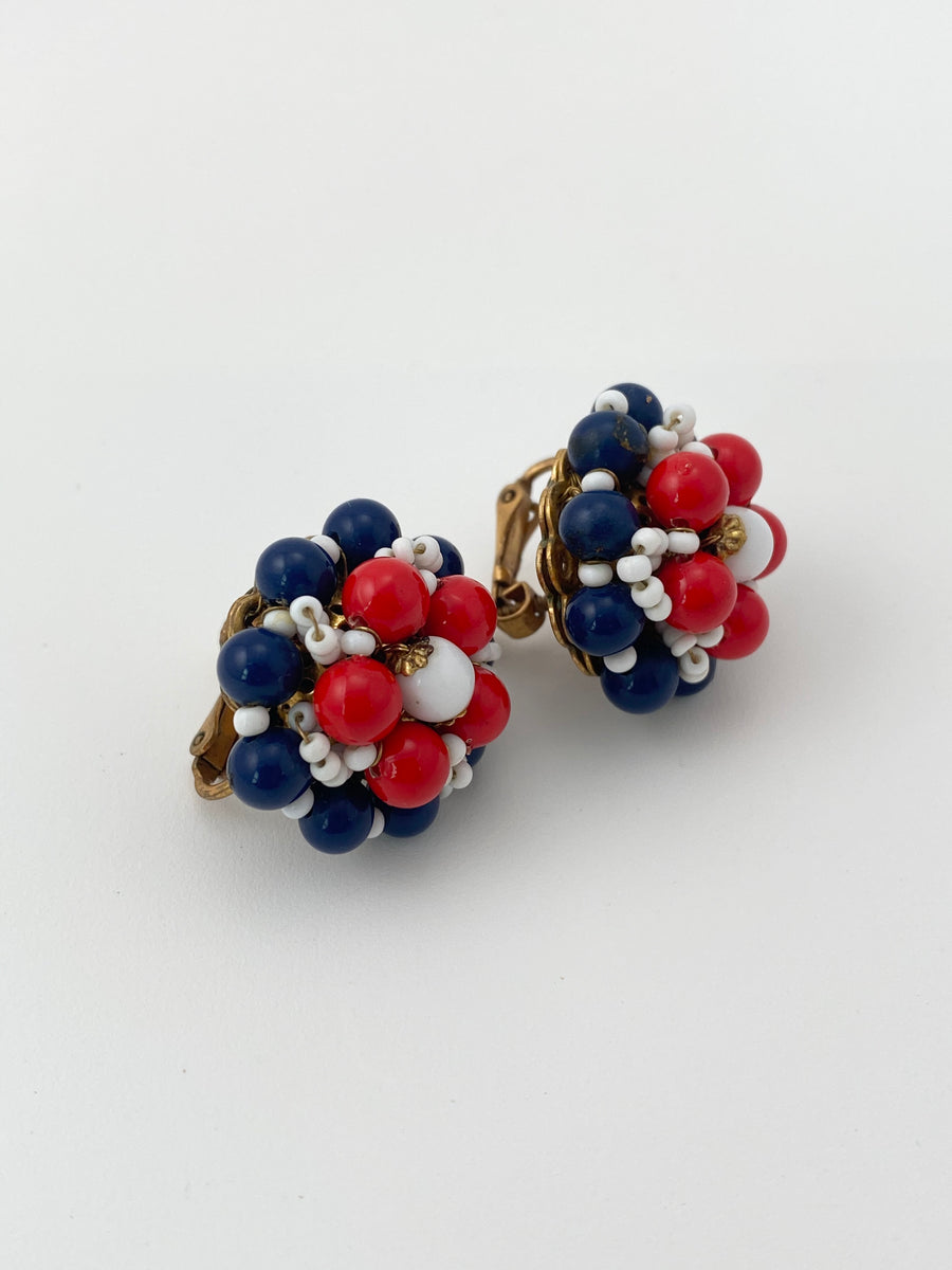 1960s Miriam Haskell Red, White and Blue Beaded Earrings