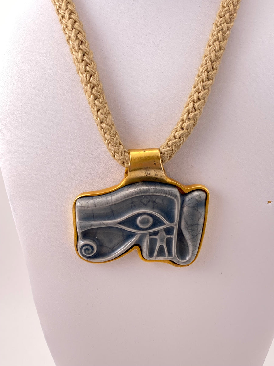 1970s Kenneth Jay Lane Ceramic Eye of Horus Pendant Necklace