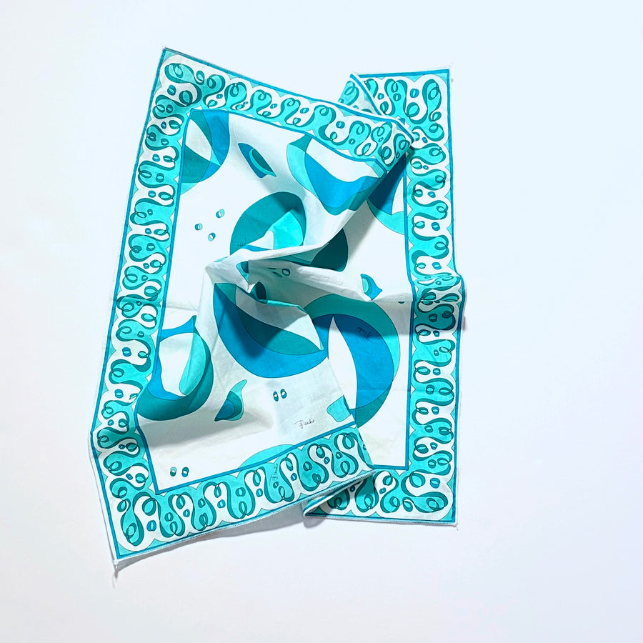 Vintage Pucci Turquoise and White Small Cotton Scarf