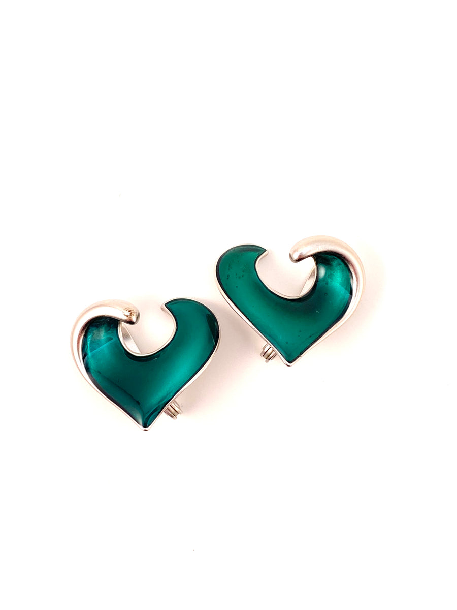 1990s Yves Saint Laurent SIlver-Tone Heart Earrings with Green Enamel