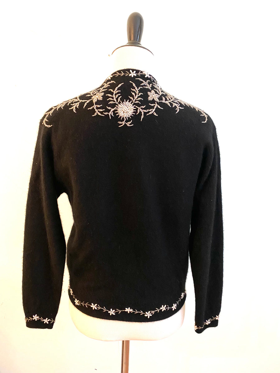 Beaded 1950s Black Cardigan Sweater Size Extra Small
