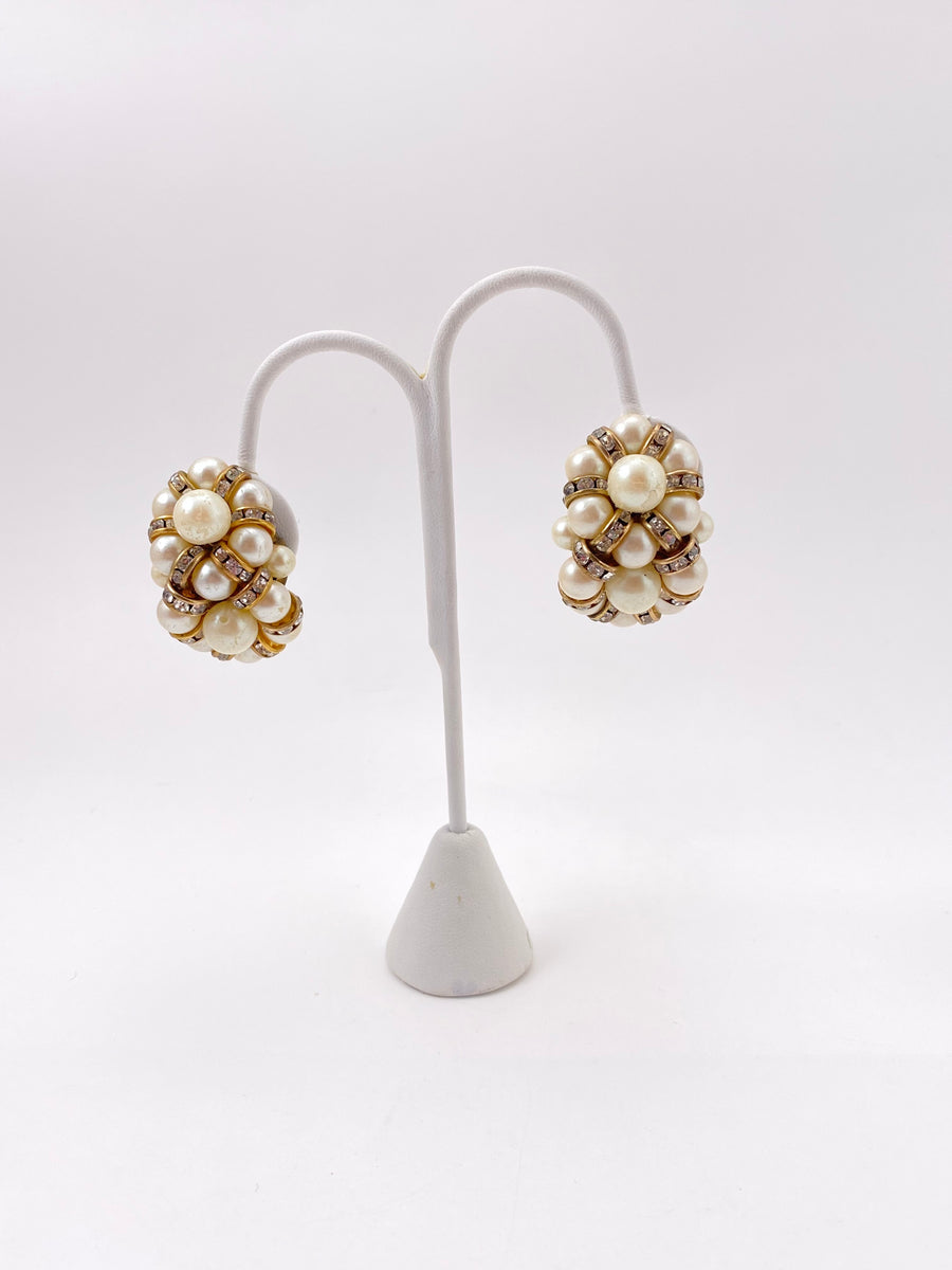 1960s Pearl and Rhinestone Cluster Earrings