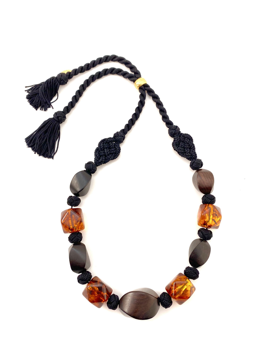 1970s Yves Saint Laurent Rive Gauche Lucite Wood Macrame Beaded Necklace