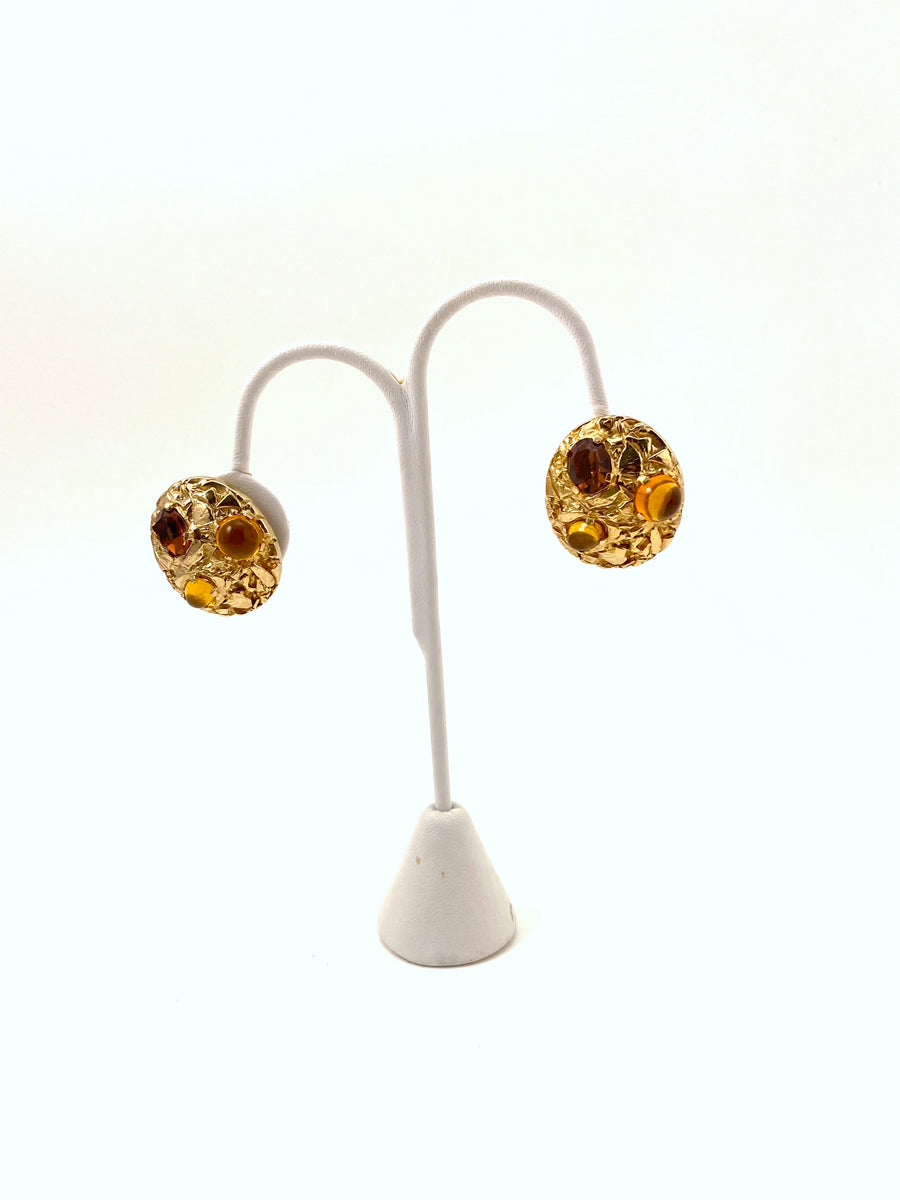 1960s Castlecliff Goldtone Earrings with Amber Colored Stones