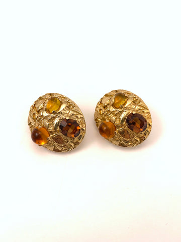 1960s Castlecliff Goldtone Earrings with Amber Colored Stones
