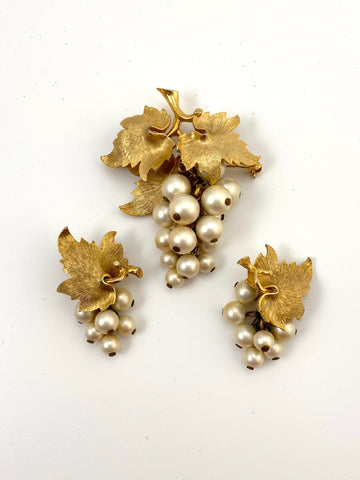 1950s Marcel Boucher Pearl Grape Brooch and Earrings Set