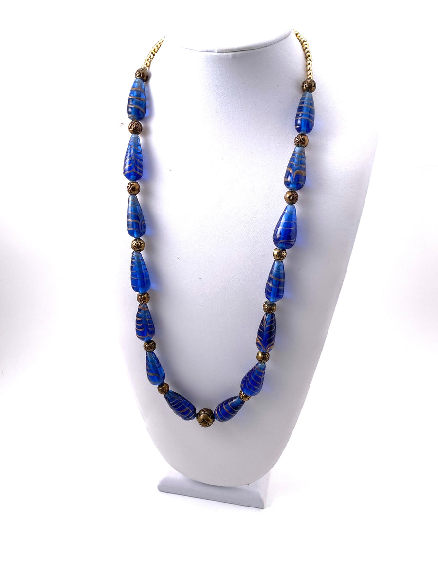 Blue Glass and Gold Bead Necklace