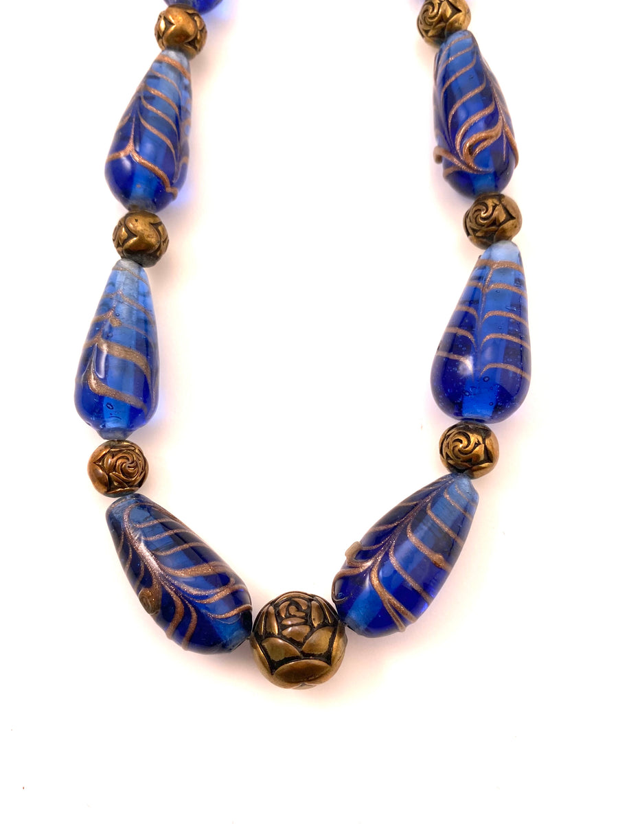 Blue Glass and Gold Bead Necklace