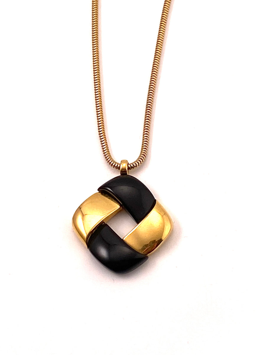1970s Trifari Black and Gold Modernist Pendant Necklace