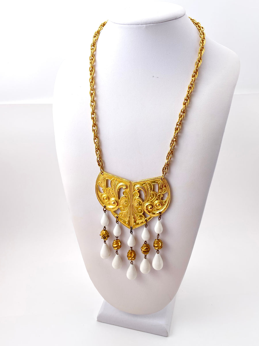 1970s Kenneth Jay Lane Etruscan Style Necklace with White Beads