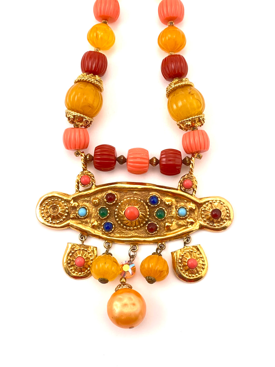 1960s Kenneth Jay Lane Multi-Colored Tribal Statement Necklace