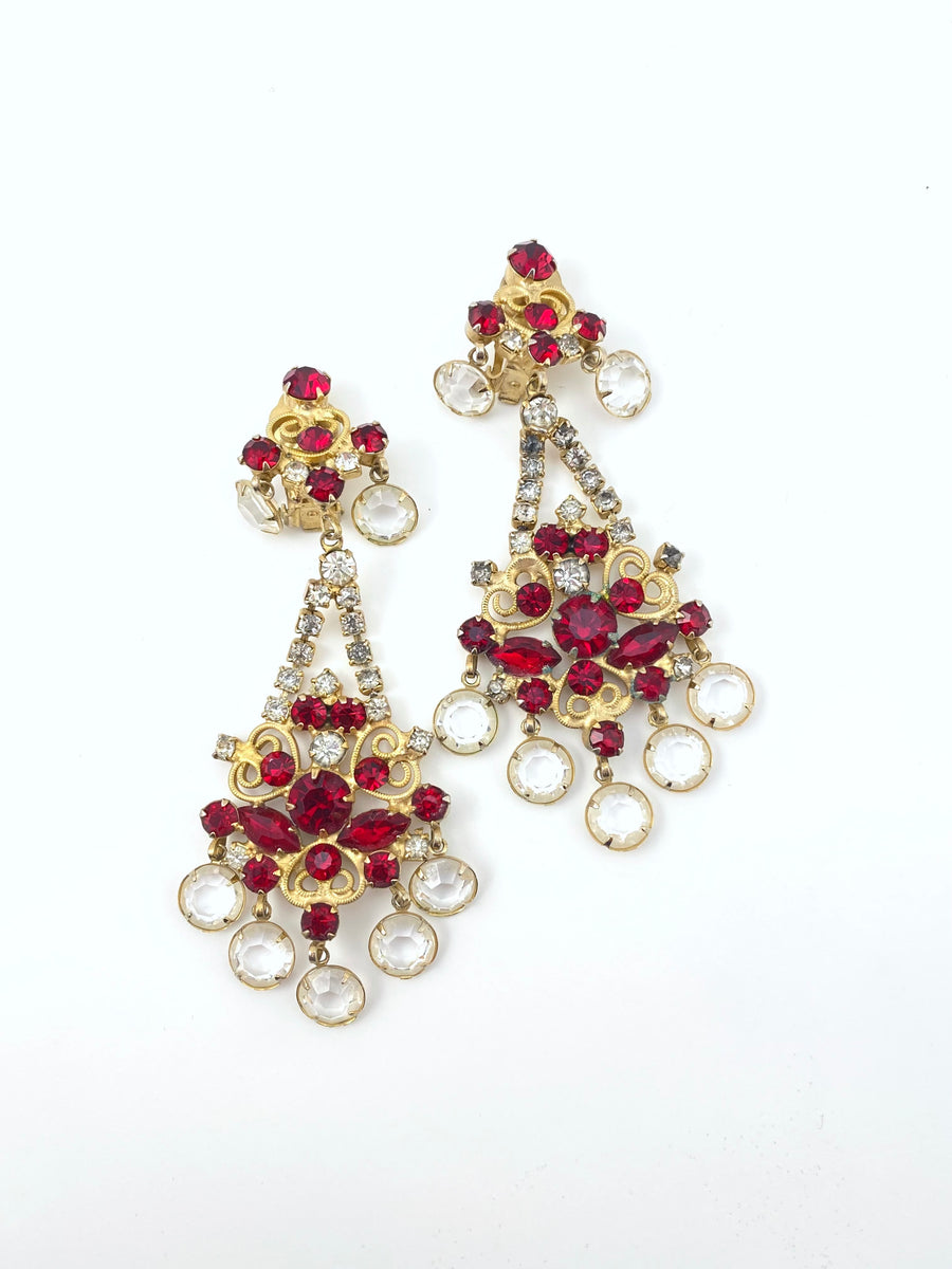 Vintage 1960s Kenneth Jay Lane Red and Clear Crystal Chandelier Earrings