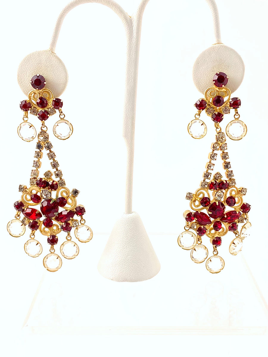 Vintage 1960s Kenneth Jay Lane Red and Clear Crystal Chandelier Earrings
