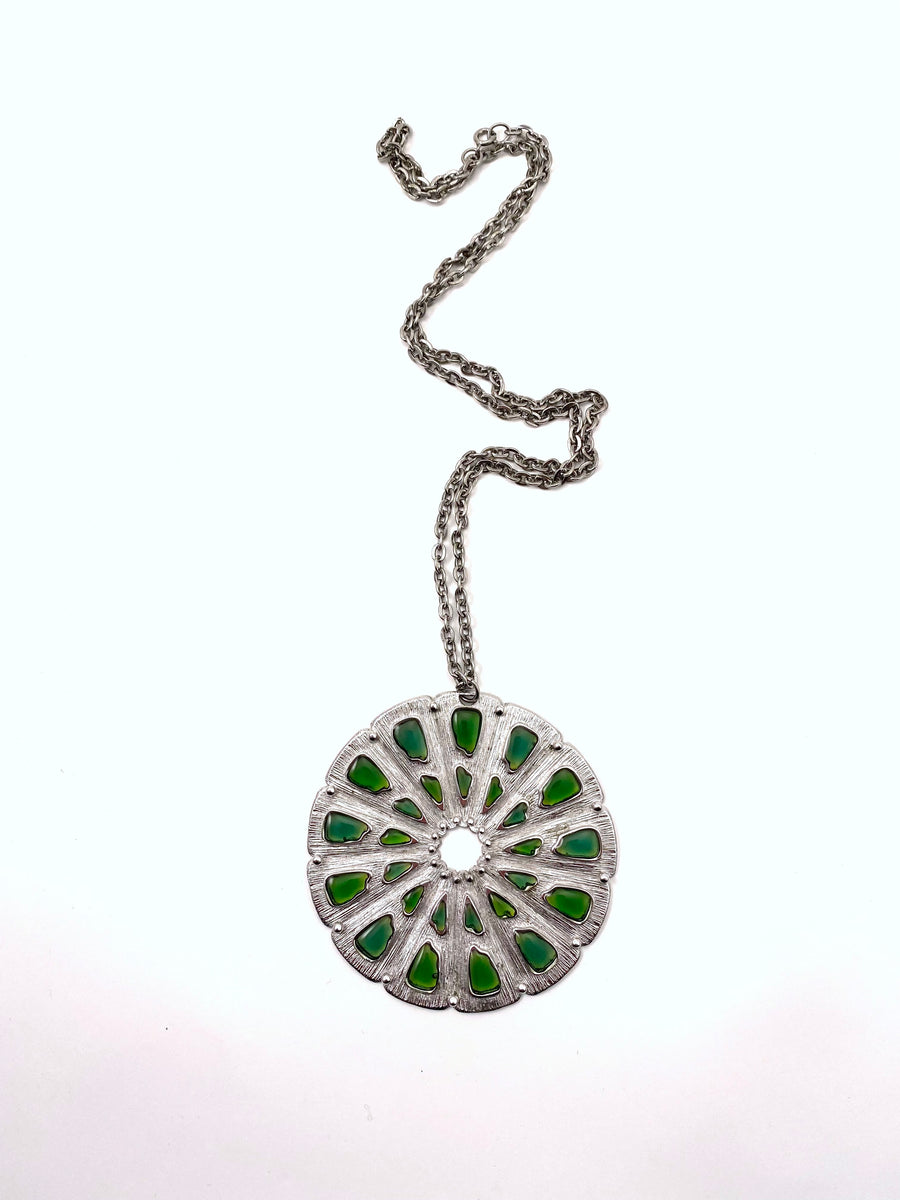 Large 1960s Trifari Silvertone Pendant Necklace with Green Resin Stained Glass