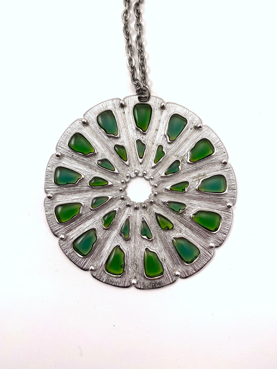 Large 1960s Trifari Silvertone Pendant Necklace with Green Resin Stained Glass