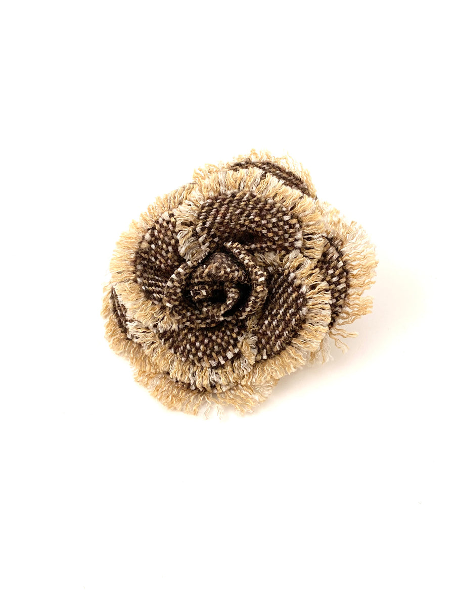 Chanel Brown Tweed Camellia Brooch in Original Box