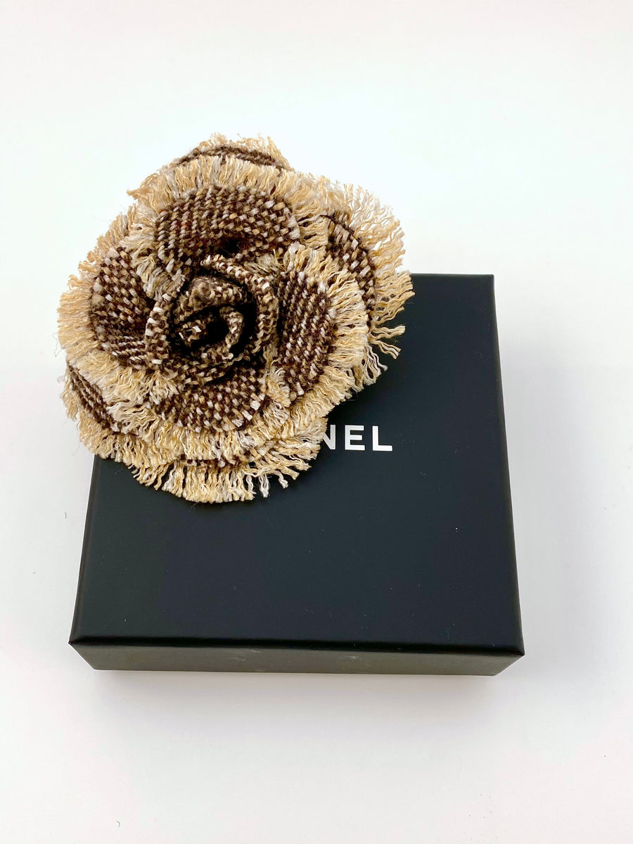 Chanel Brown Tweed Camellia Brooch in Original Box