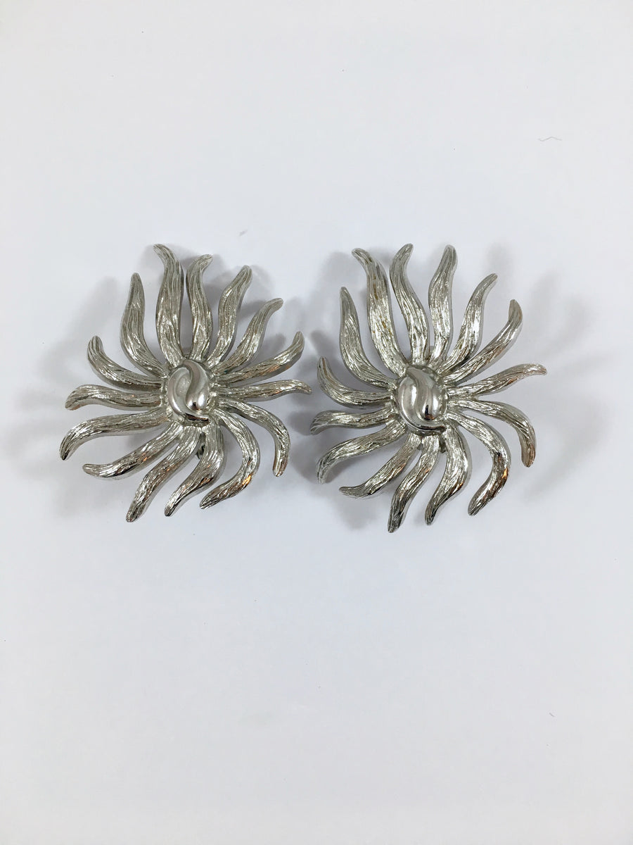 1950s Monet Abstract Silvertone Flower Earrings