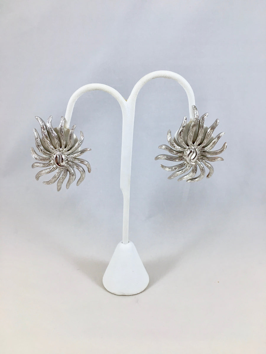 1950s Monet Abstract Silvertone Flower Earrings