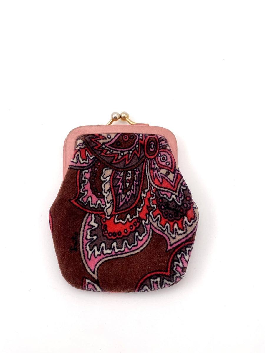 VINTAGE 1960S EMILIO PUCCI BROWN AND PINK PRINTED VELVET POUCH