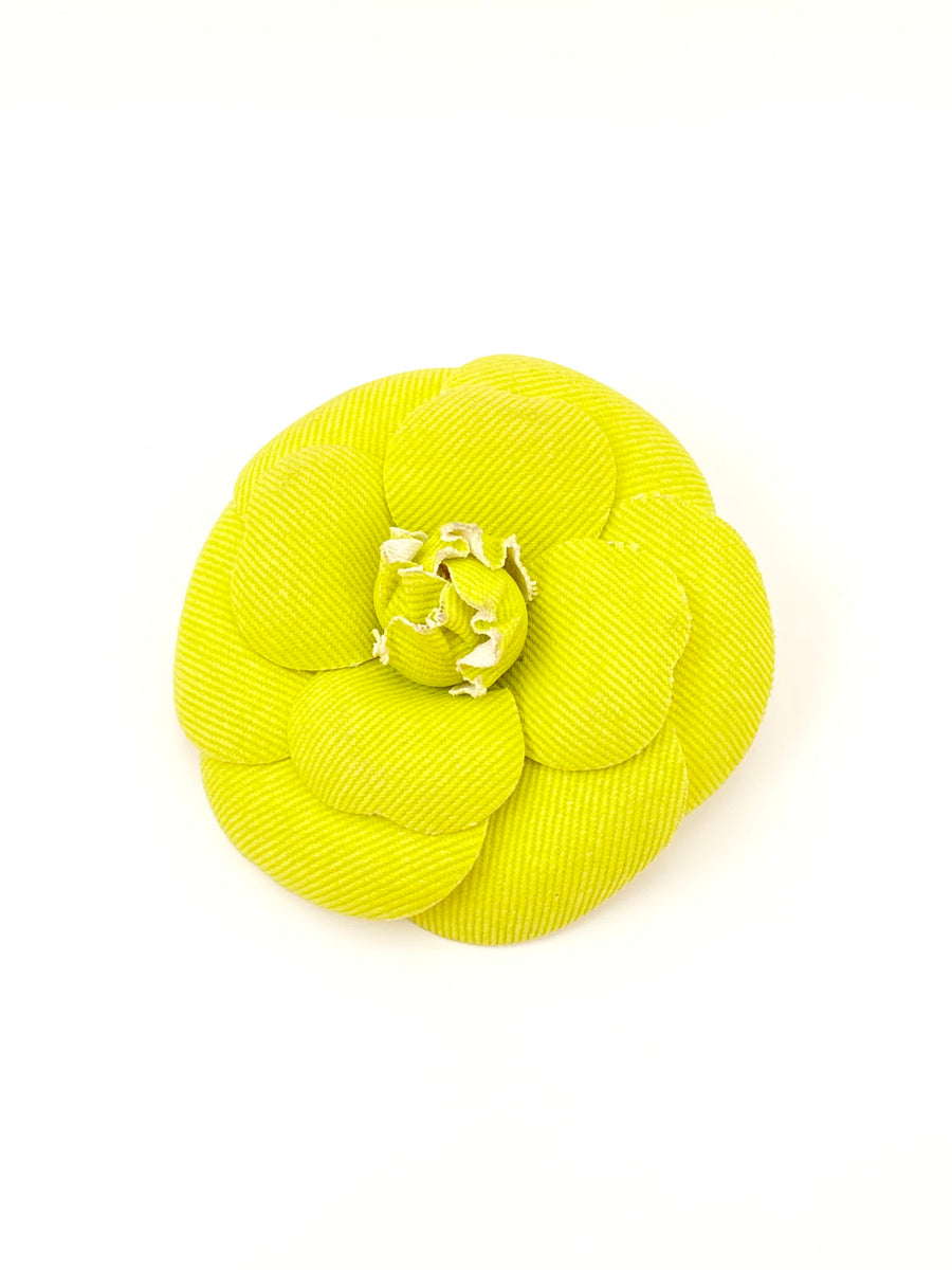 Large Vintage Chanel Bright Yellow Fabric Camellia Brooch in Box