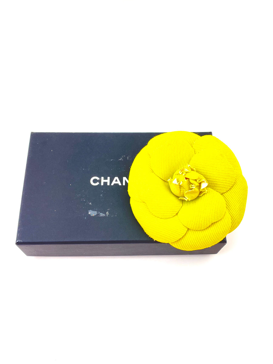 Large Vintage Chanel Bright Yellow Fabric Camellia Brooch in Box