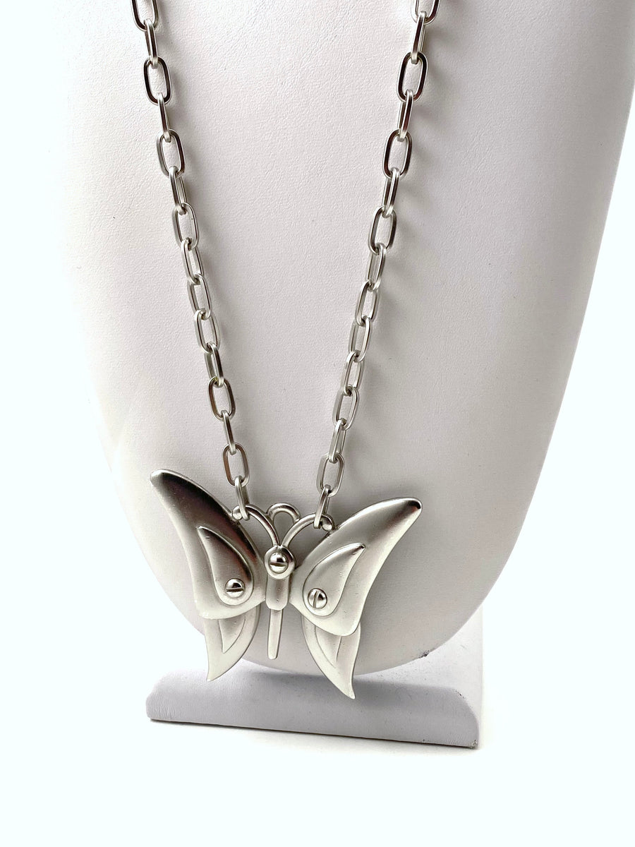 1960s Trifari Silvertone Articulated Butterfly Pendant Necklace