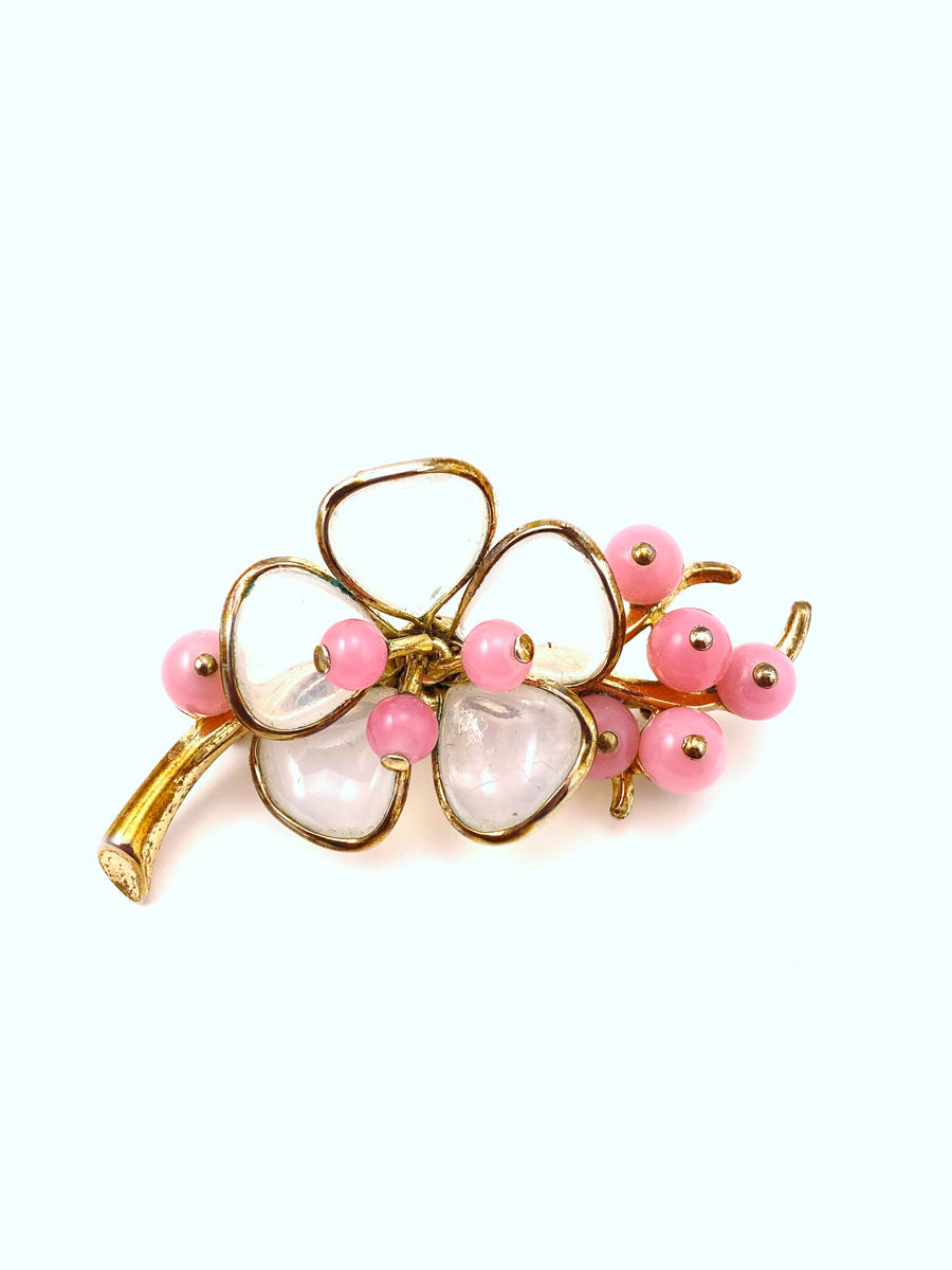 1950s Trifari Pink and White Poured Glass Cherry Blossom Flower Brooch