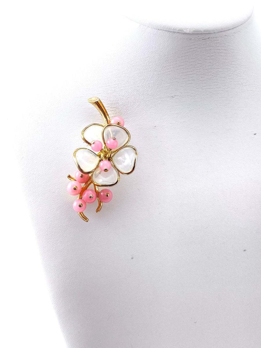 1950s Trifari Pink and White Poured Glass Cherry Blossom Flower Brooch
