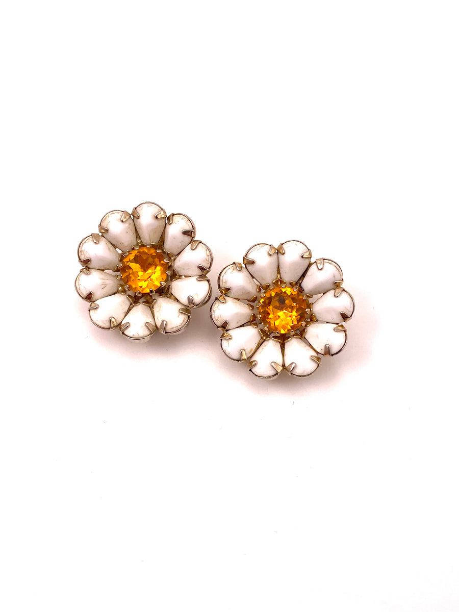 1960s White Flower Earrings with Orange Centers