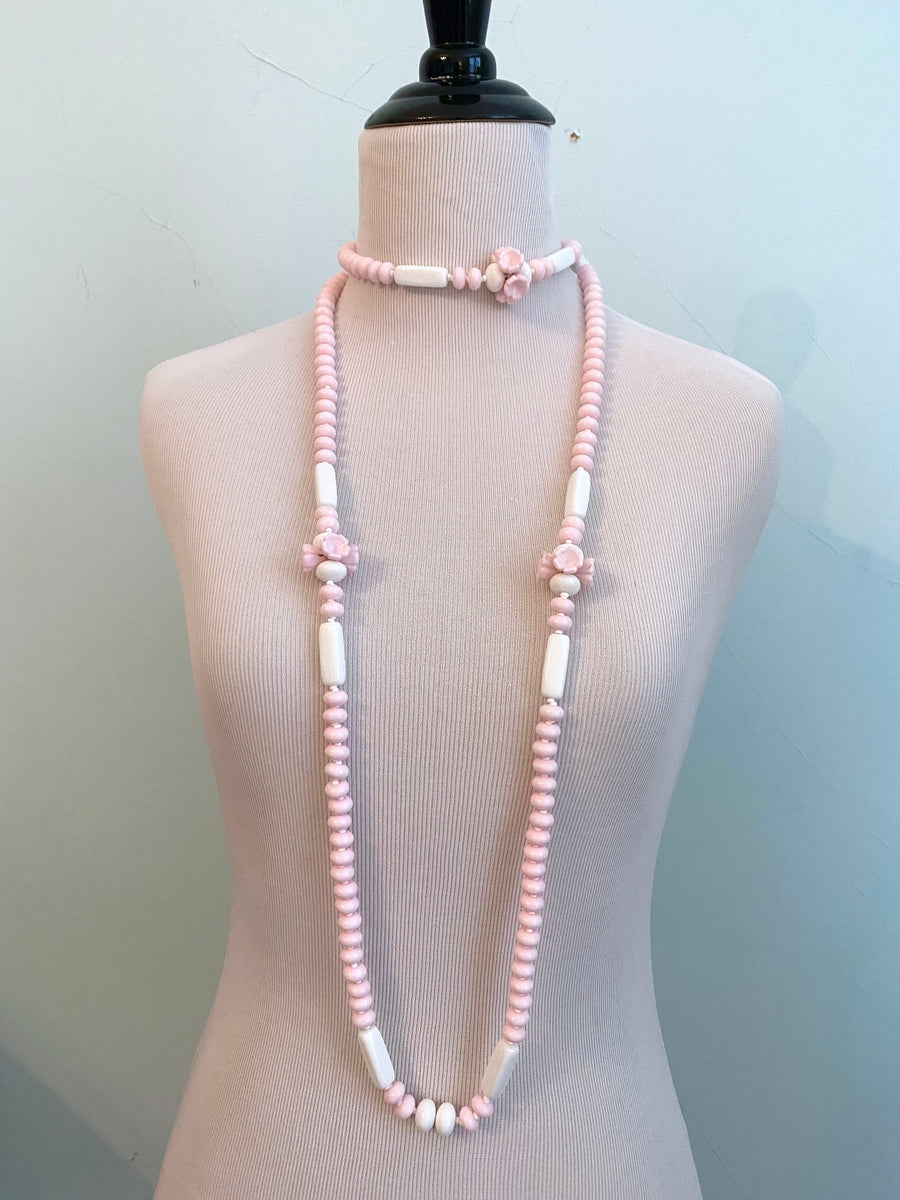 Vintage Miriam Haskell Long Pink and White Bead Necklace