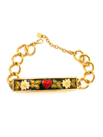 1990s Karl Lagerfeld Choker Necklace with Enamel Heart and Flower Frontpiece