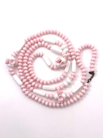 1950s Miriam Haskell Long Pink and White Bead Necklace