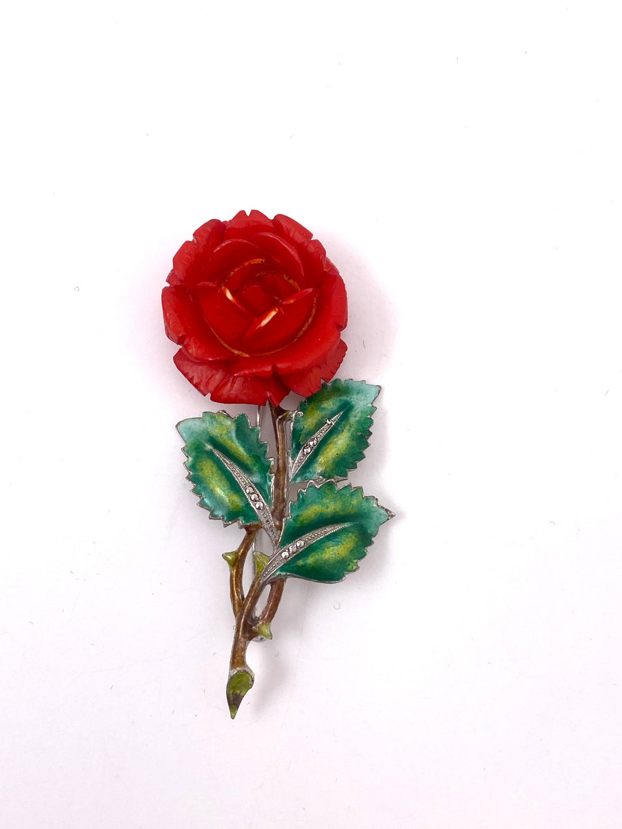 1950s Alice Caviness Sterling and Enamel Red Rose Brooch