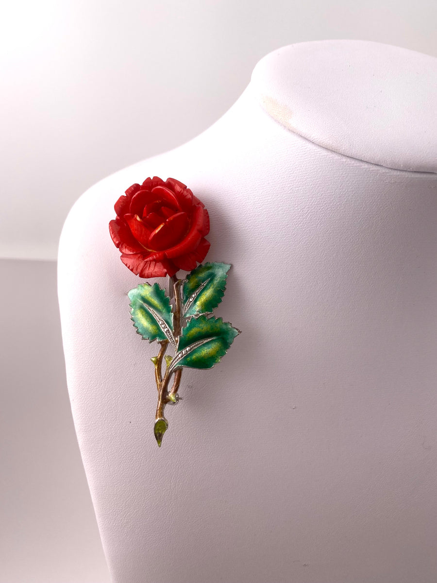 1950s Alice Caviness Sterling and Enamel Red Rose Brooch