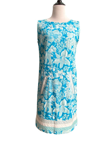 1960s Lilly Pulitzer Blue Floral Shift Dress with Stripes